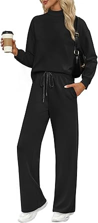 WIHOLL Two Piece Sets for Women Fall Outfits Lounge Sets Mock Neck Tops Wide Leg Pants Vacation T... | Amazon (US)