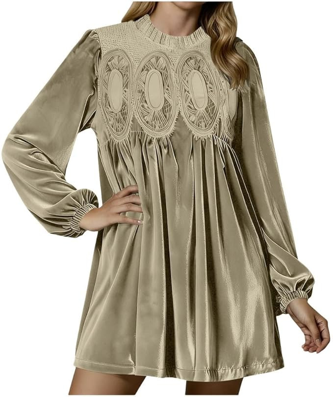 Womens Velvet Lace Dress Long Sleeve A Line Mini Dress Scallop Neck Flared Swing Babydoll Casual ... | Amazon (US)