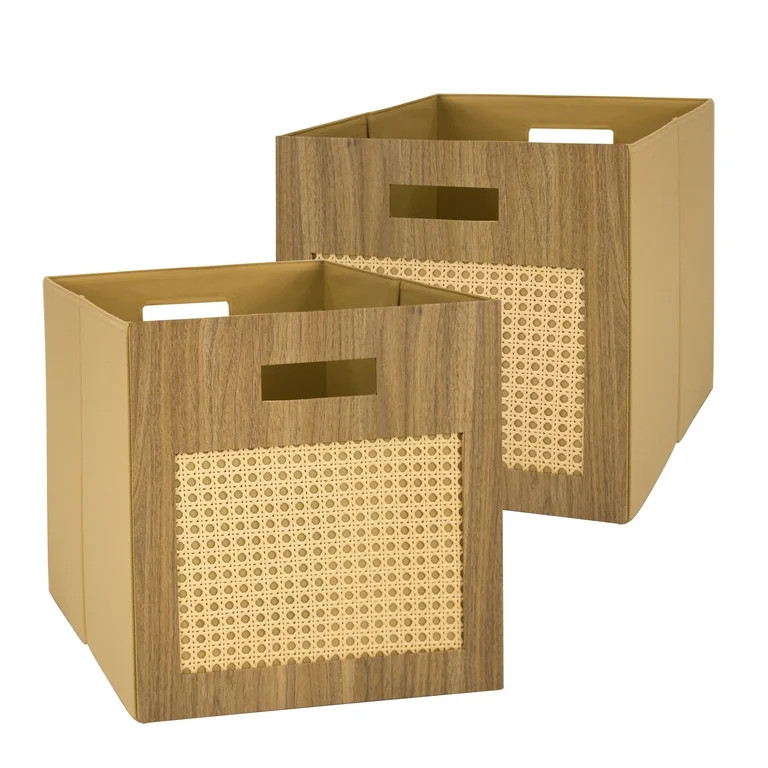 Better Homes & Gardens Fabric Cube Storage Bins (12.75" x 12.75"), 2 Pack, Honey with Caning | Walmart (US)