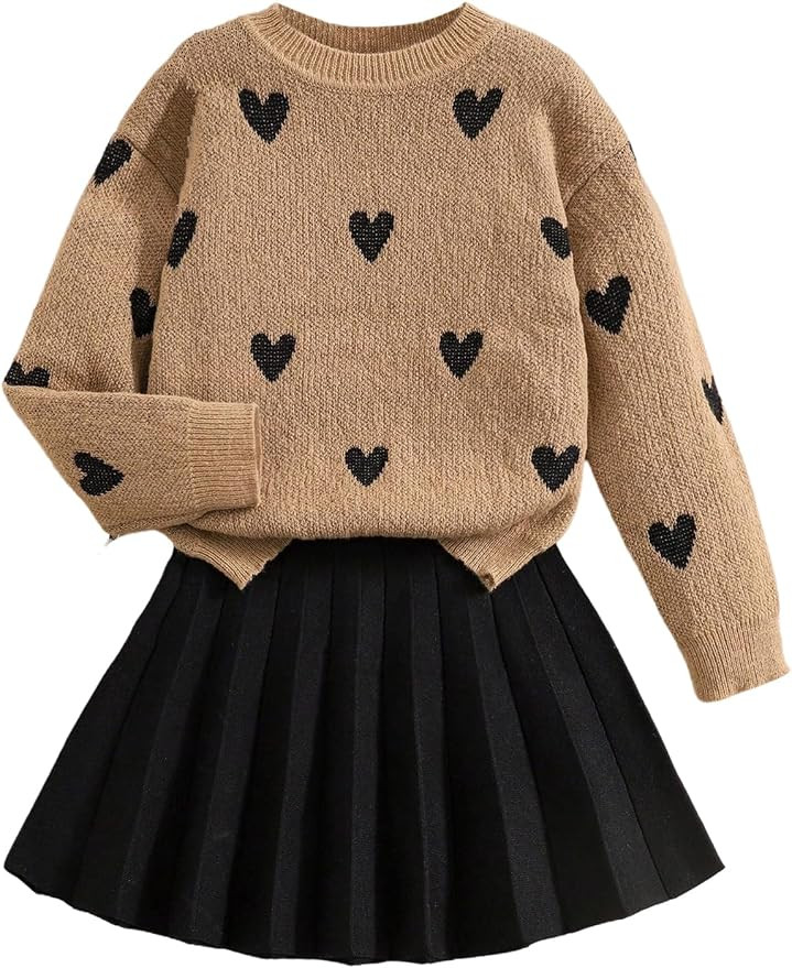 BEAUDRM Girl's 2 Piece Cute Outfits Heart Graphic Long Sleeve Crewneck Sweater and Pleated Knit S... | Amazon (US)