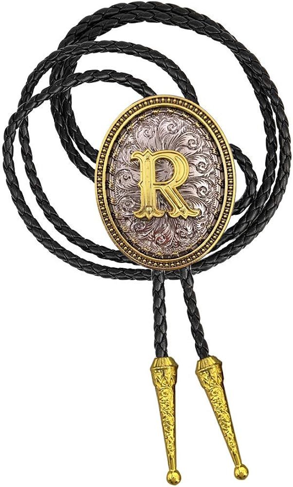 XGALBLA Golden Western Bolo Tie Initial Letter A to Z in Ellipse Flower Cowboy with Cowhide Rope ... | Amazon (US)