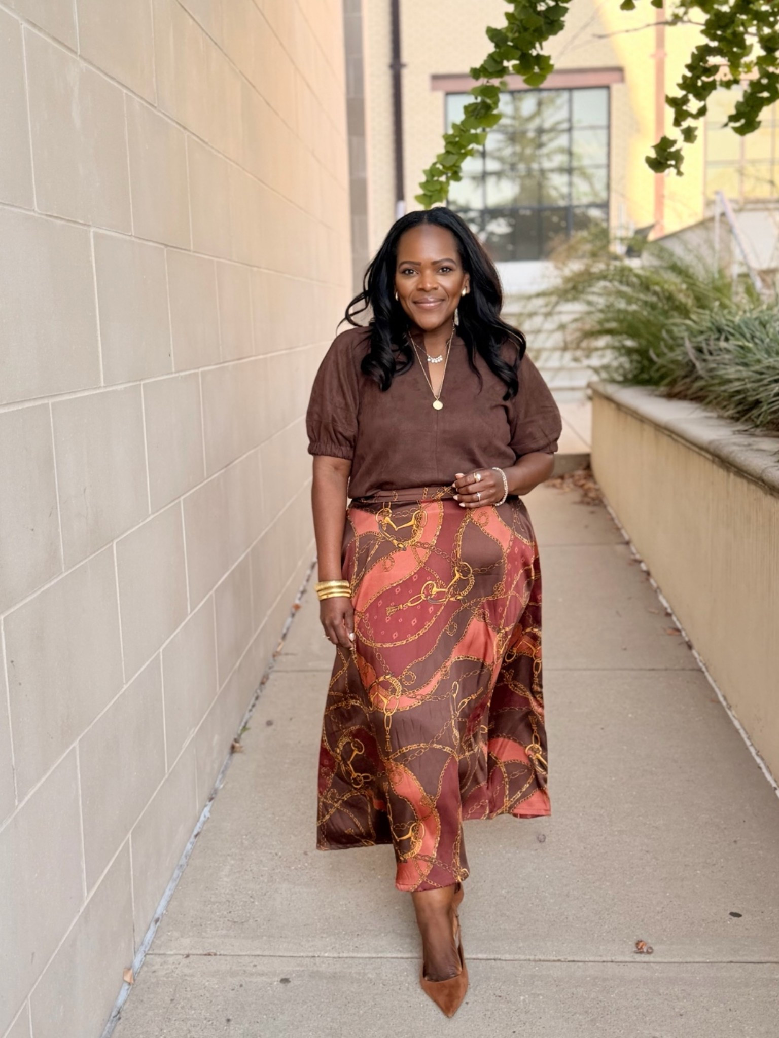 So impressed with this skirt from JcPenny! Wearing the size medium. The horsebit print is such a classic  🐴 

Fall business casual outfit / workwear outfits / office wear outfit inspo / first day of Fall / Fall family photos

#LTKMidsize #LTKWorkwear #LTKootd
