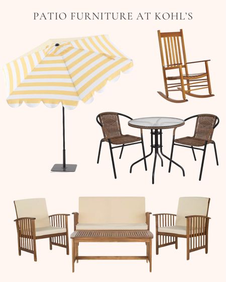 Patio furniture at Kohl’s. Outdoor living. Summer. Patio season. Outdoor wood rocking chair. Outdoor loveseat chair and coffee table 4-piece set. Patio round table and rattan stacking chair 3-piece set. Yellow and white scalloped edge patio umbrella  

#LTKSeasonal #LTKhome
