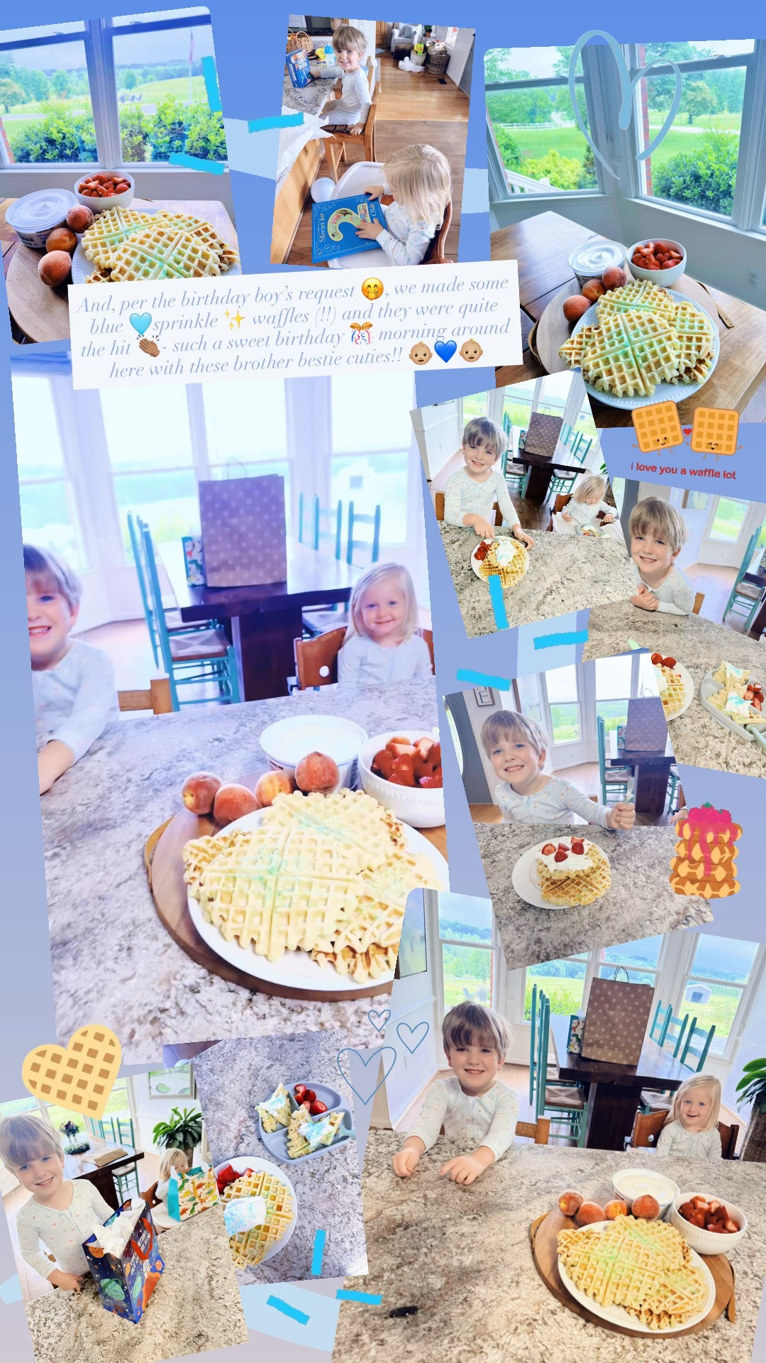 And, per the birthday boy’s request 🤭, we made some blue 🩵sprinkle ✨ waffles 🧇 (!!) and they were quite the hit 👏🏽- such a sweet birthday 🎊 morning around here with these brother bestie cuties!! 👶🏼💙👶🏼