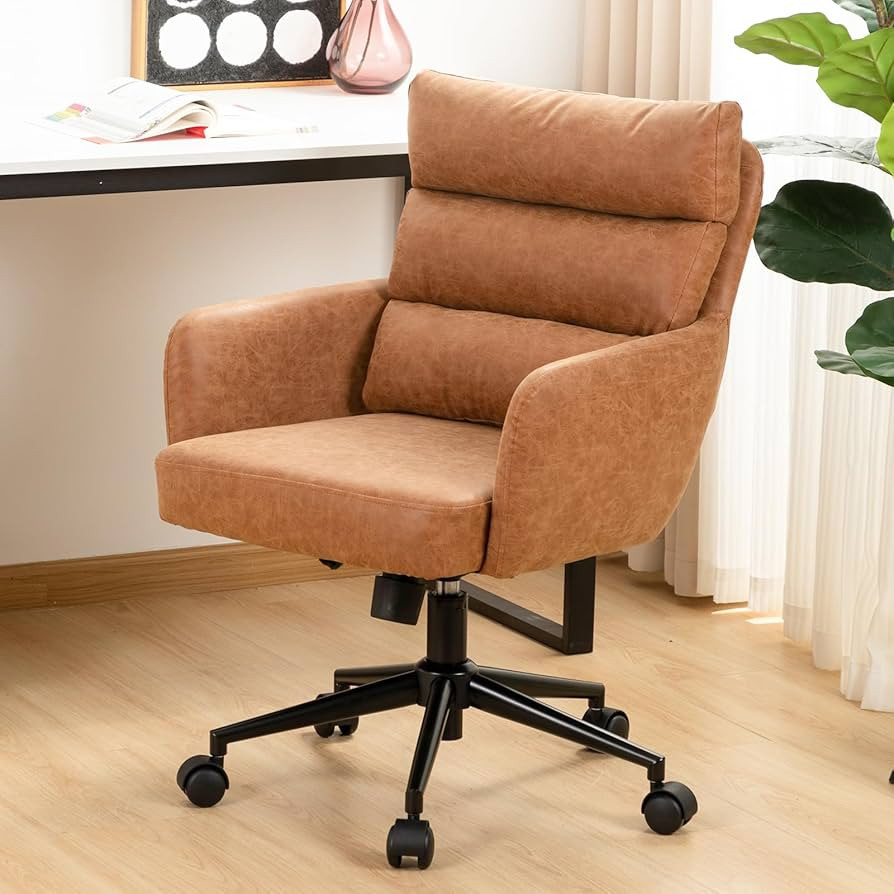 Desk Chair Comfy Brown with Black Legs, Mid Century Modern PU Leather Office Desk Chair with Flip... | Amazon (US)