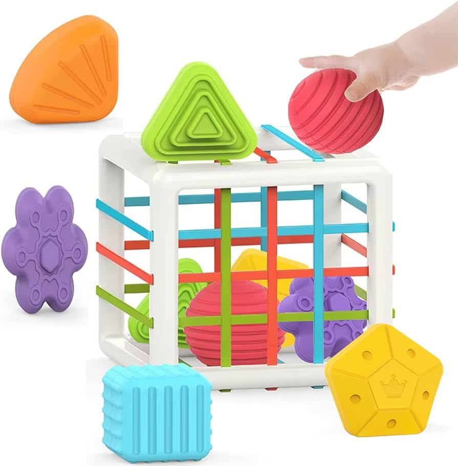 MINGKIDS Montessori Toys for 1 Year Old,Baby Sorter Toy Colorful Cube and 6 Pcs Multi Sensory Sha... | Amazon (US)