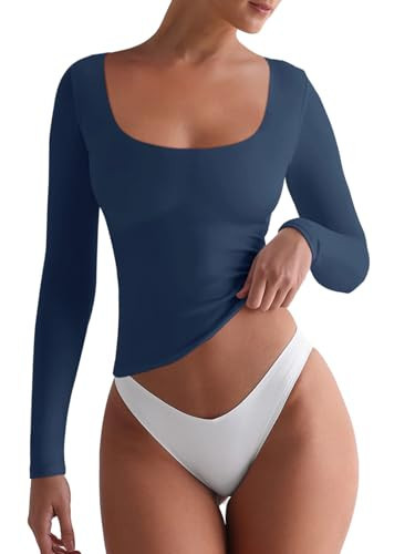 REORIA Basic Square Neck Long Sleeve Tops for Women Layering Tee Shirt Double Lined Tight Shirts Fall Outfits Starry Blue Small | Amazon (US)