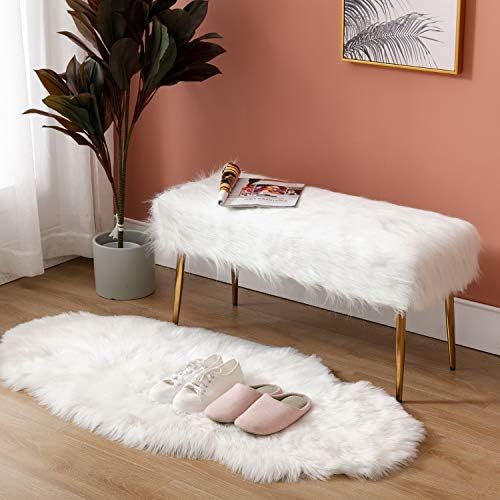 H&Y Faux Fur White Ottoman Bench Modern Shaggy Long Hair Upholstered Bench with Metal Legs Stool ... | Amazon (US)