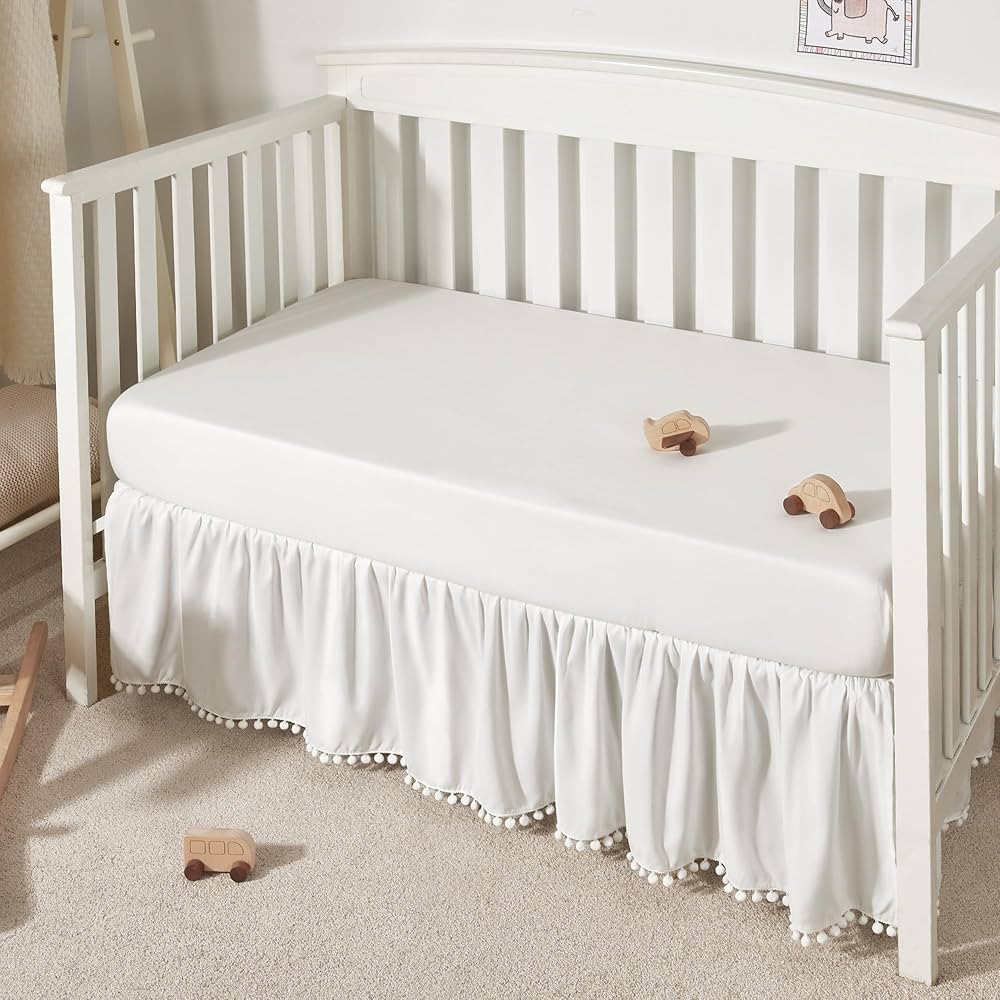 TILLYOU Ruffled Crib Skirt with Pompoms, Microfiber Nursery Crib Toddler Bedding Skirts for Baby ... | Amazon (US)