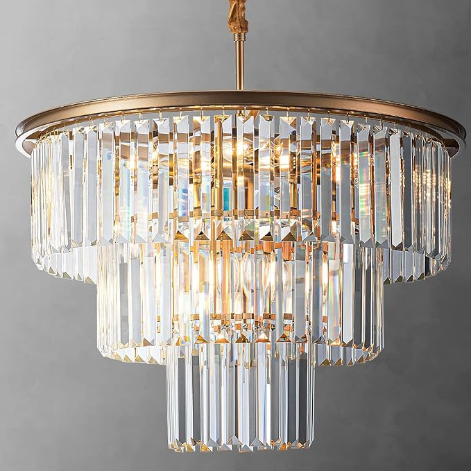 12-Light 23.64" Gold Modern Crystal Chandelier Crystal Pendant Chandeliers Light Fixture 3-Tier H... | Amazon (US)