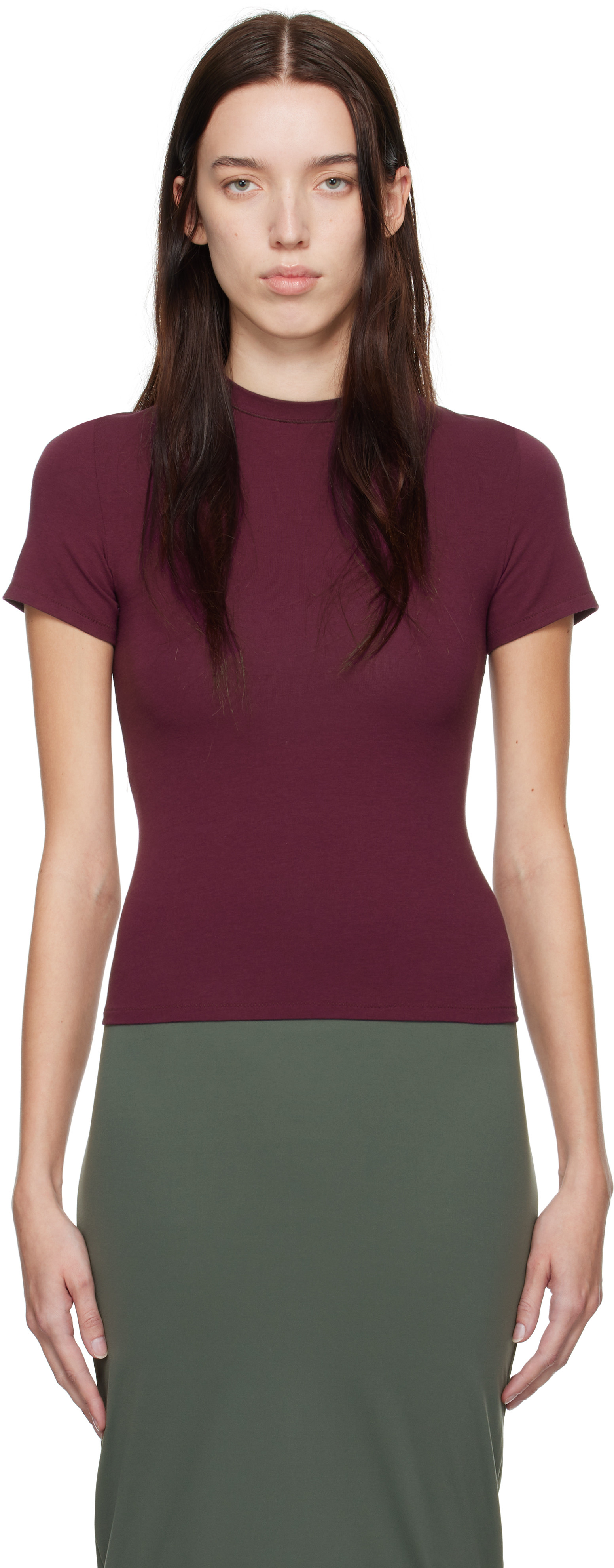 SKIMS Burgundy Cotton Jersey T-Shirt | SSENSE