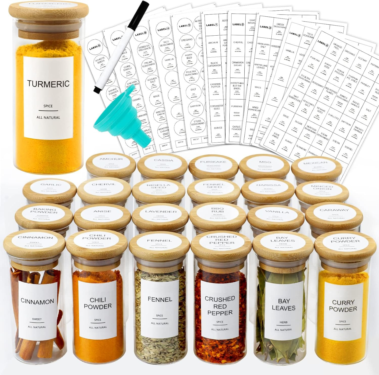 AISIPRIN 24 Pcs Glass Spice Jars with Bamboo Airtight Lids and 403 Labels - 4oz Small Storage Con... | Amazon (US)
