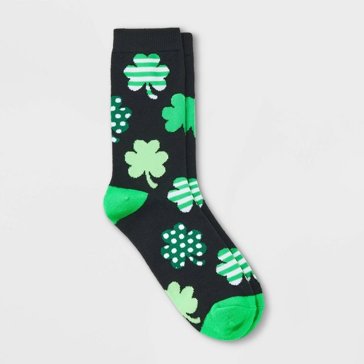 Women's Mixed Pattern Shamrock St. Patrick's Day Crew Socks - Black/Green 4-10 | Target