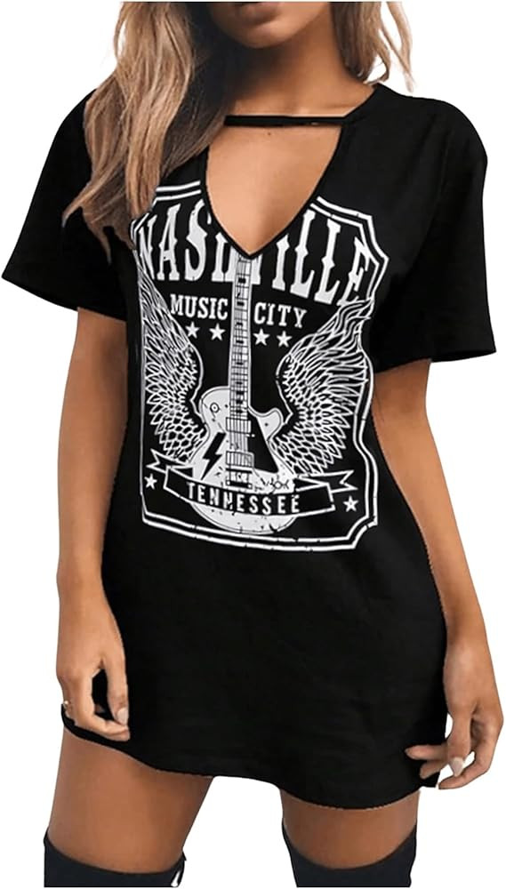 WDIRARA Women's Letter Graphic Print Cut Out V Neck Dress Summer Short Sleeve Dresses | Amazon (US)