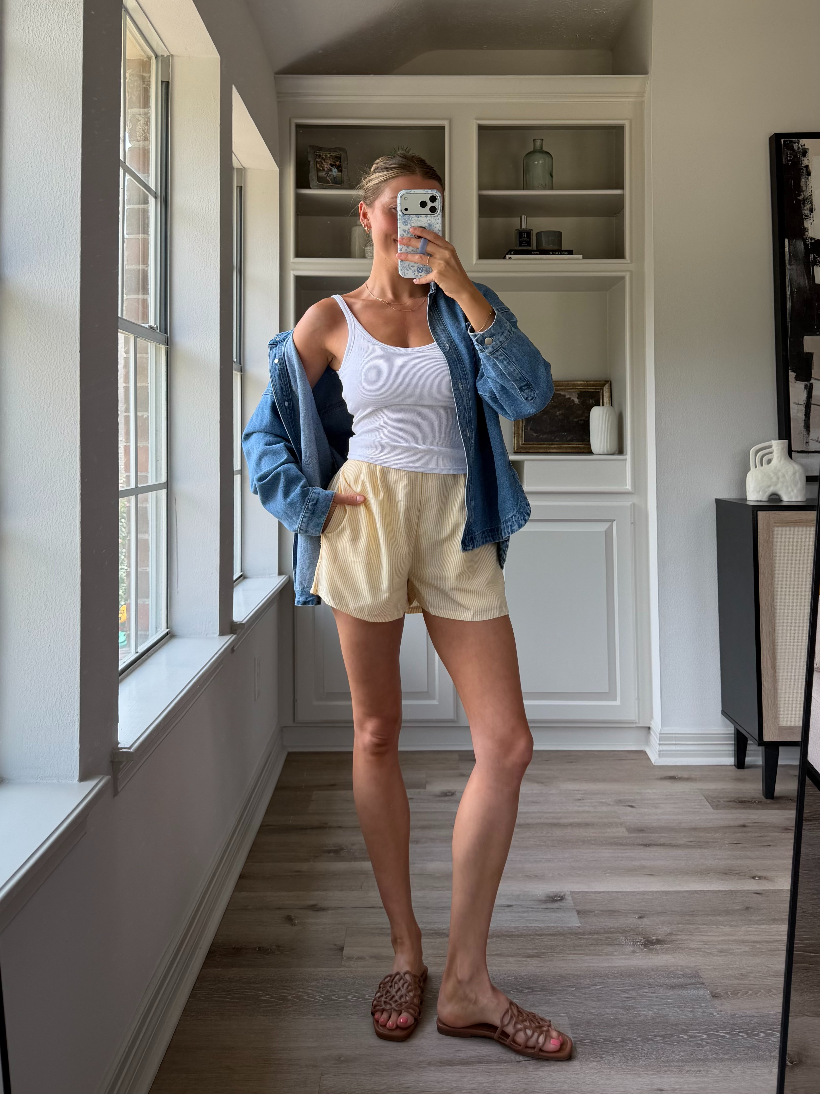 Cute casual mom outfit | S in tank and shorts (part of a set) + M in denim shirt 

 #LTKootd #LTKmomlife