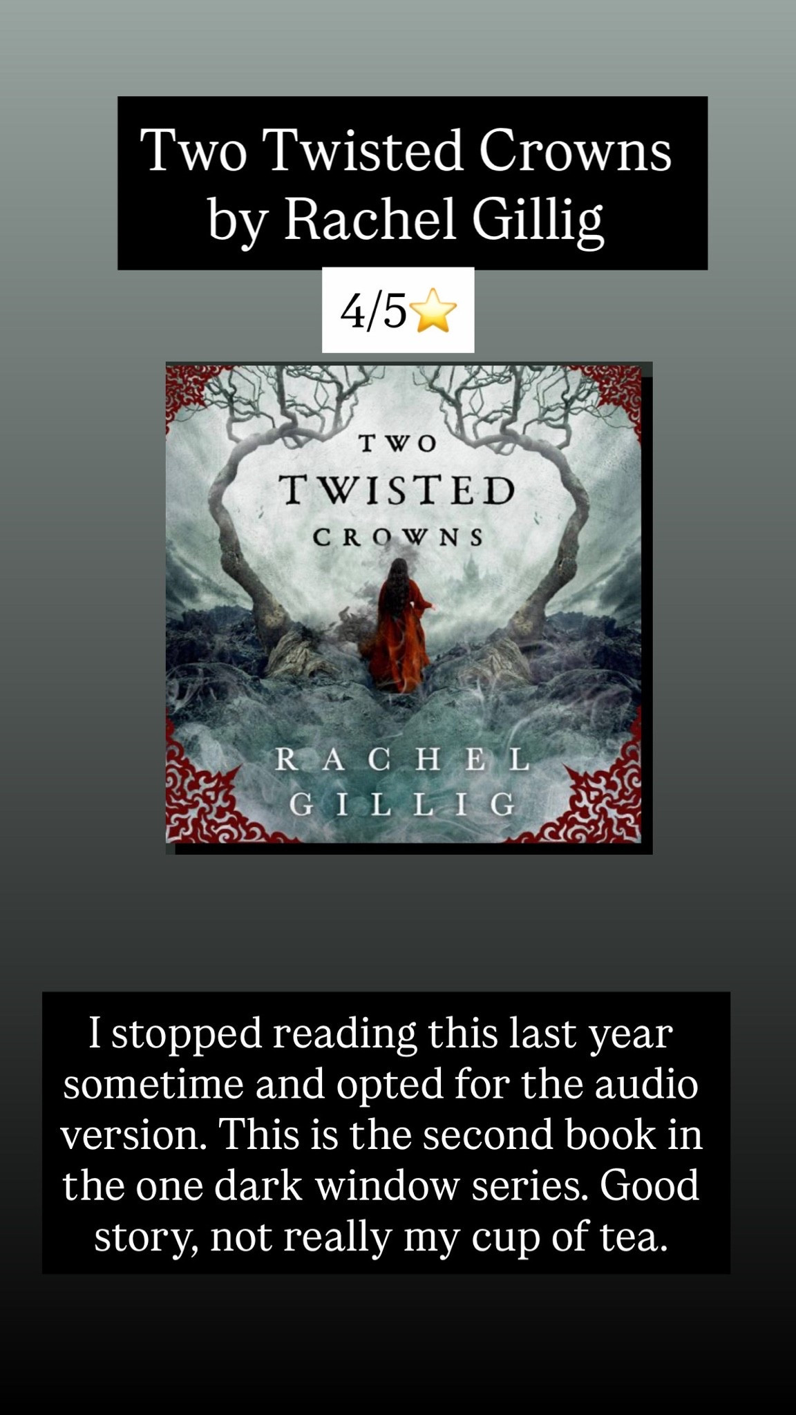 2. Two twisted crowns by Rachel Gillig ;: 4/5⭐️I stopped reading this last year sometime and opted for the audio version. This is the second book in the one dark window series. Good story, not really my cup of tea.

#LTKdayinmylife #LTKstorytime #LTKTravel