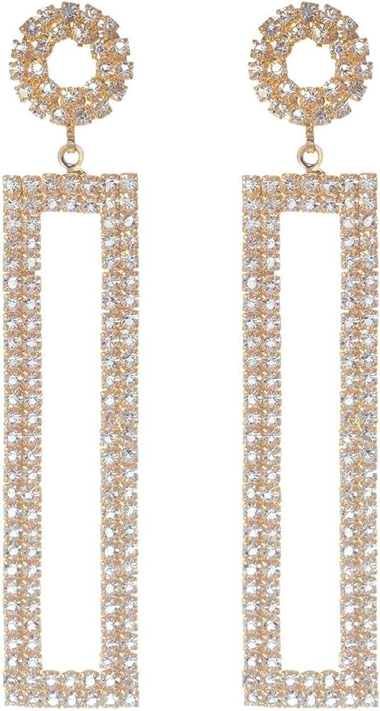 BEMDOFIG 14K Gold Statement Long Earrings for Women Girls Rhinestone Geometric Drop Earrings Jewelry | Amazon (US)