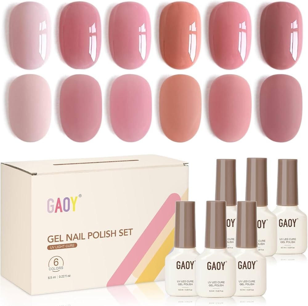 GAOY Pink Gel Nail Polish Set, 6 Colors Nude Jelly Pink, UV Light Cure Gel Polish for Nail Art DI... | Amazon (US)