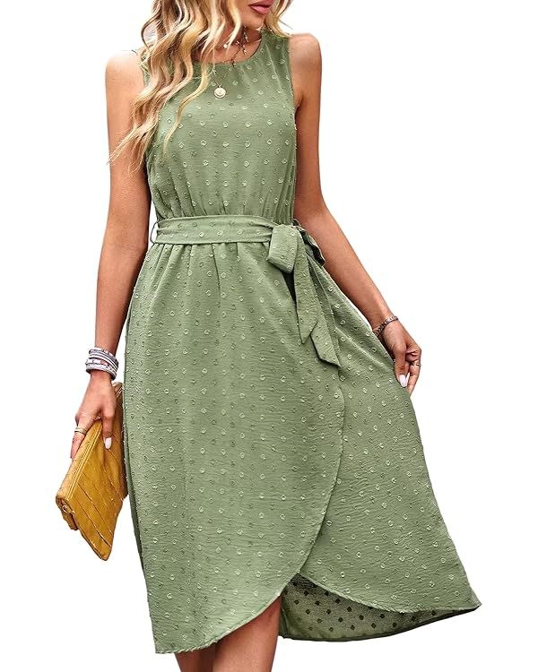 Summer Dresses for Women 2024 Belted Sleeveless Split Midi Dress Casual Crew Neck Boho Sundress w... | Amazon (US)