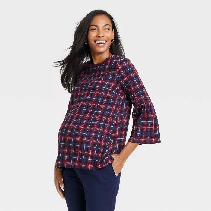 The Nines by HATCH™ Bell 3/4 Sleeve Maternity Blouse - Purple Plaid | Target