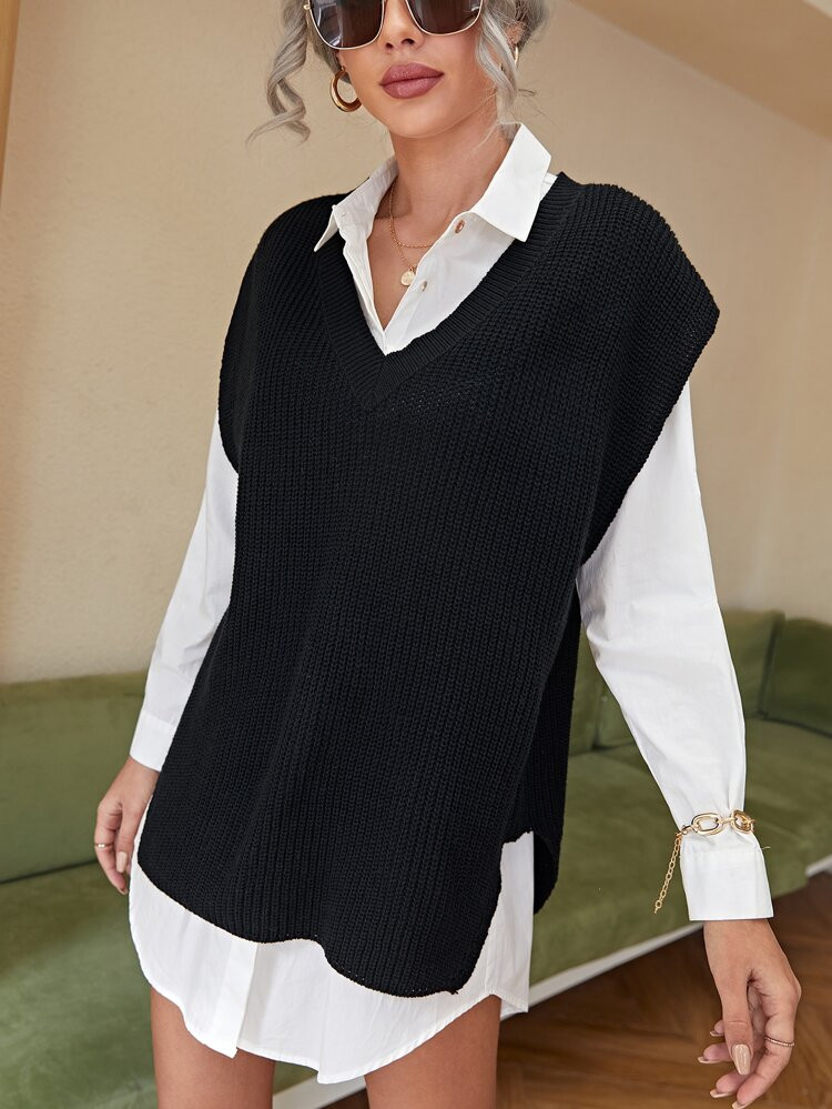 SHEIN V Neck Split Hem Sweater Vest | SHEIN