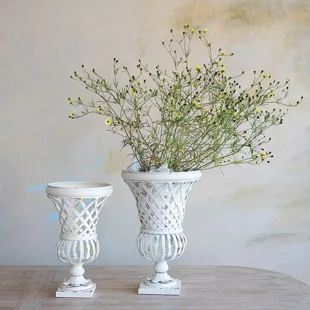Distressed White Woven Metal Footed Urn | Antique Farm House