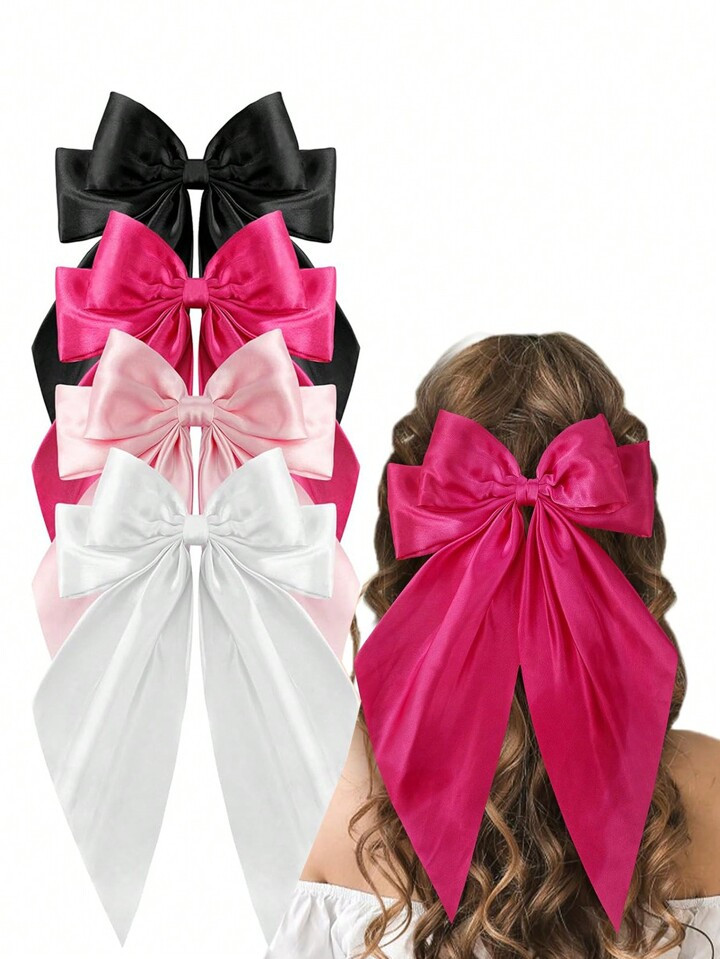 4pcs Large Pink Hair Bow, 4 Bags Of Satin Hair With Bow Hair Clip Hijab, Oversized Long Tail Hair... | SHEIN