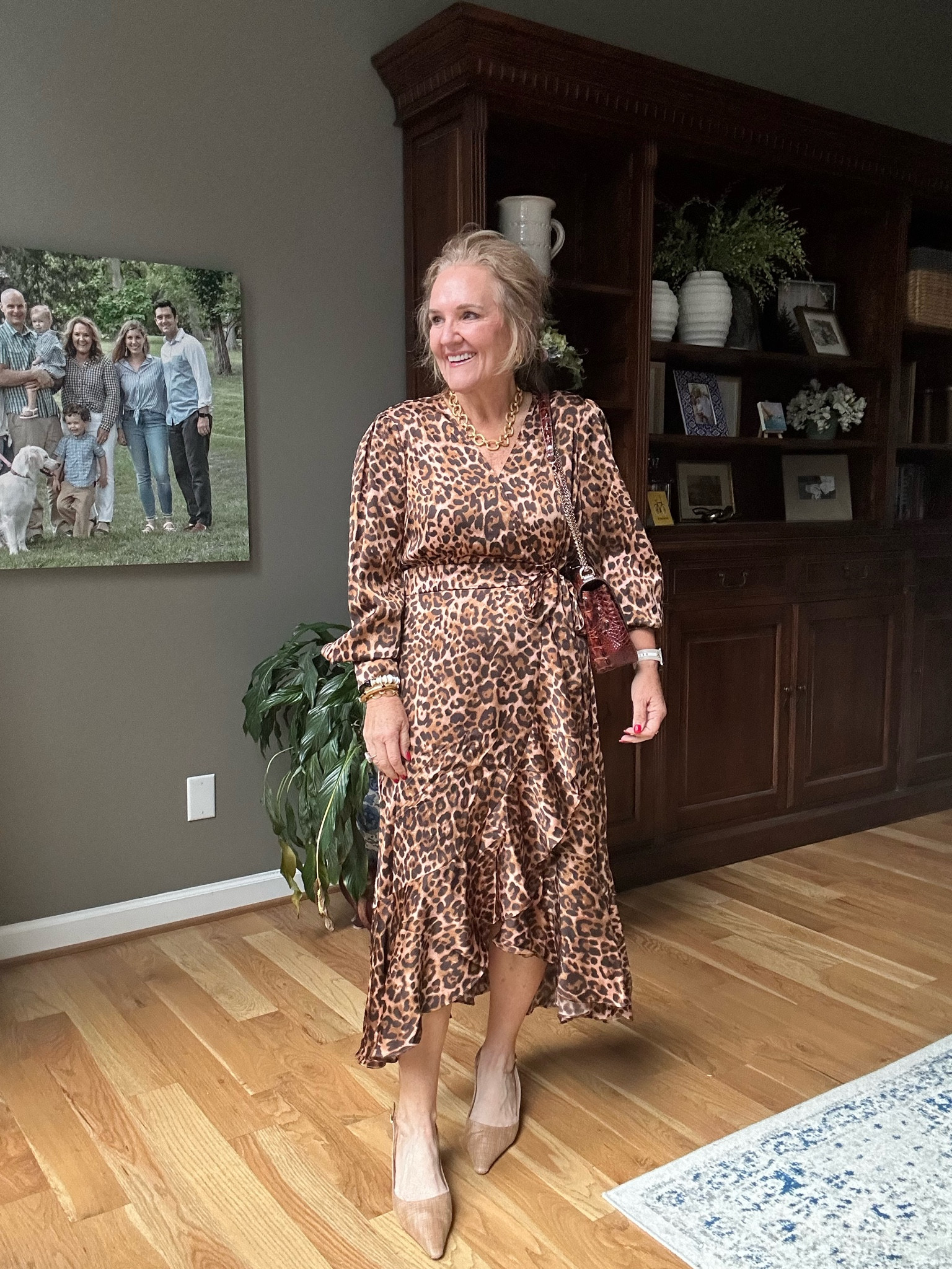 The prettiest dress! Love the faux wrap, the ruffle and the satin leopard print. I’m wearing a large. It’s quite roomy. I’d say it runs true to size. 

My bracelets from Allie+bess are a fave combined with Julie Vos. 20% off code at Allie+bess NANETTE20

Walmart dress Walmart fashion leopard print 

#LTKWedding #LTKOver40 #LTKFindsUnder50
