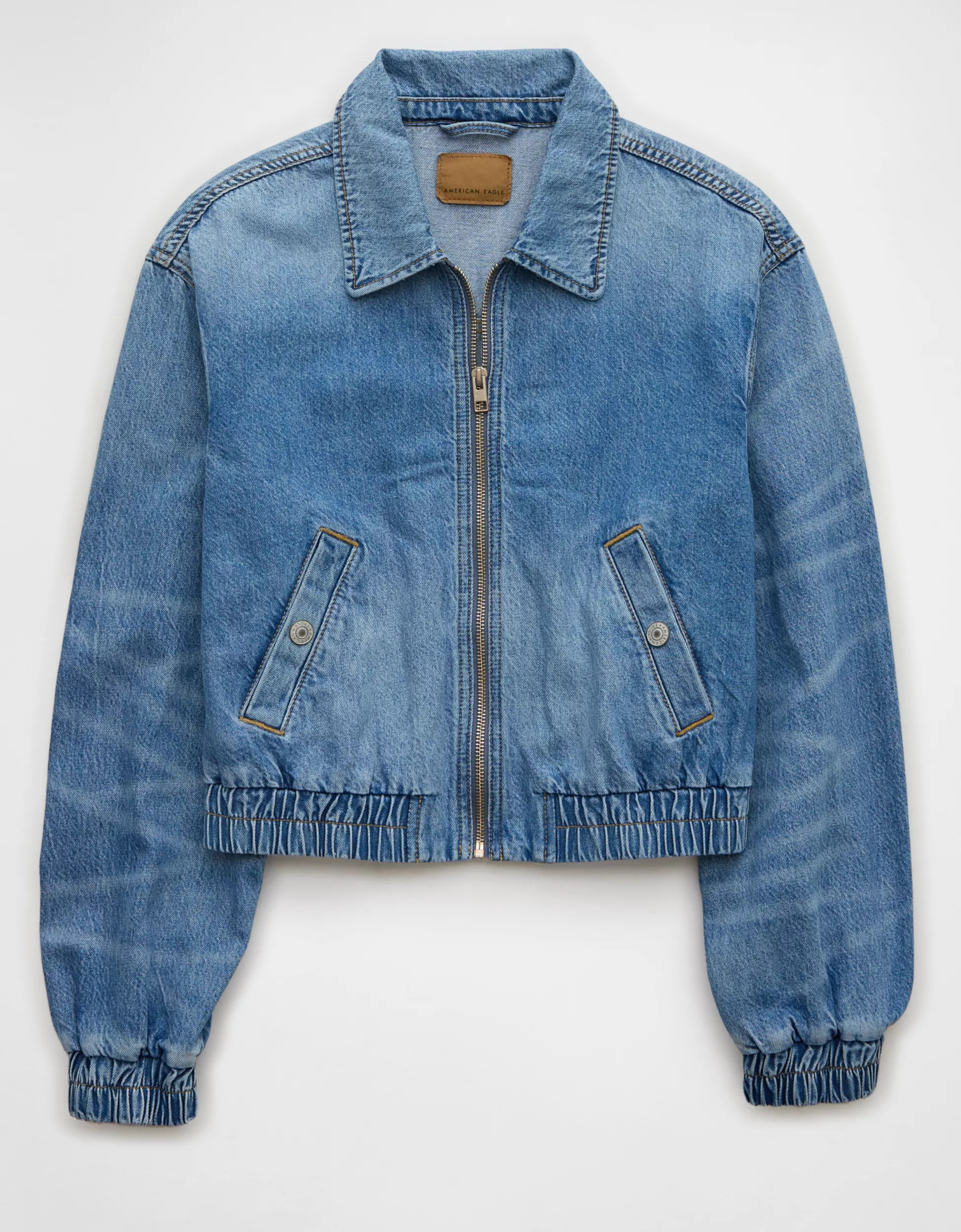 AE Cropped Zip-Up Denim Bomber Jacket | American Eagle Outfitters (US & CA)