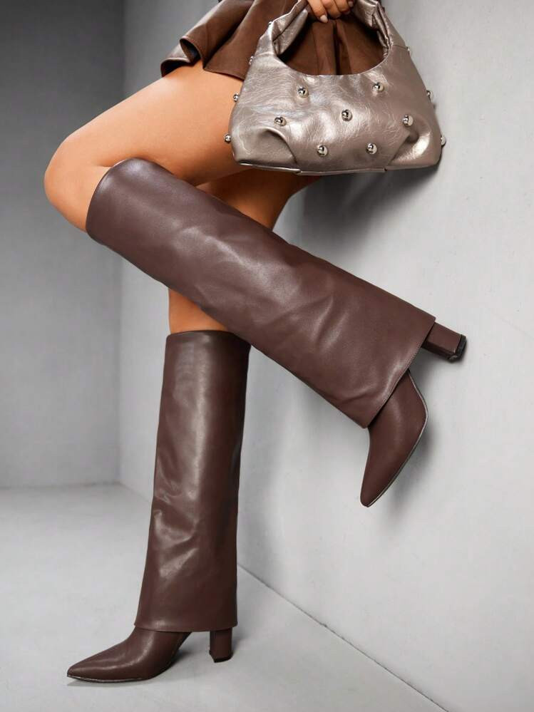 CUCCOO SZL Damen Outdoor Spitz Zulaufende Dicke Absatz Schwarz Kunstleder Glänzendes Material Modisch Minimalistisch Alltags- Und Partystiefel Mit Reißverschluss | SHEIN