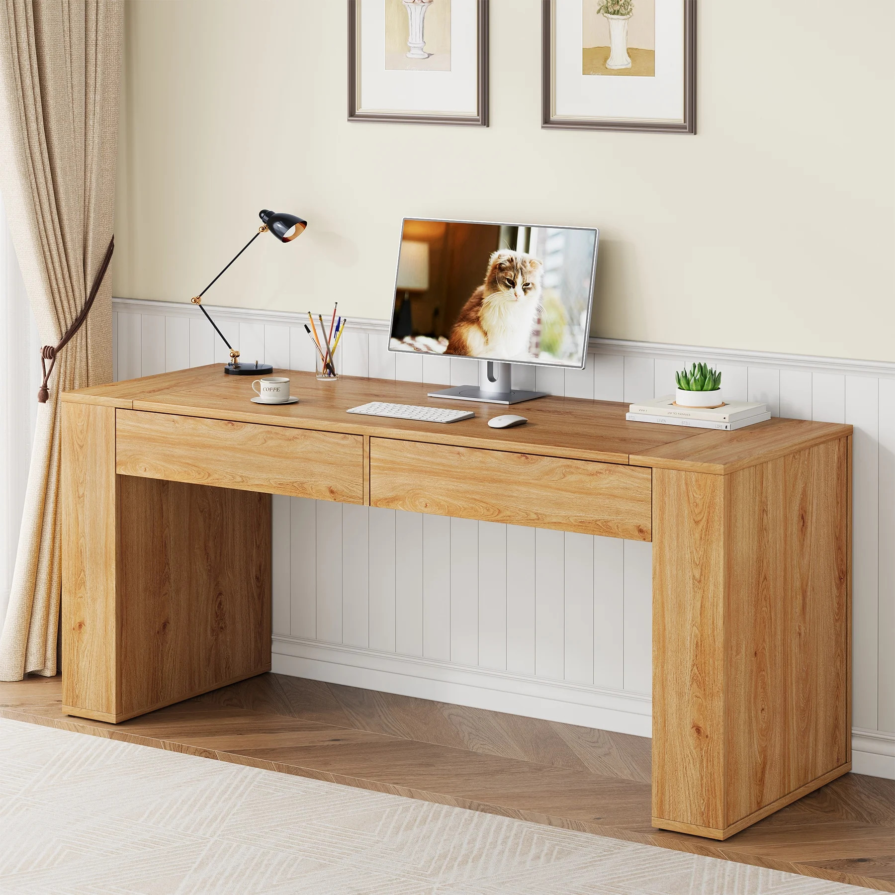 63-Inch Computer Desk with 2 Drawers, Farmhouse Home Office Desk with Storage, Wood Study Writing... | Walmart (US)