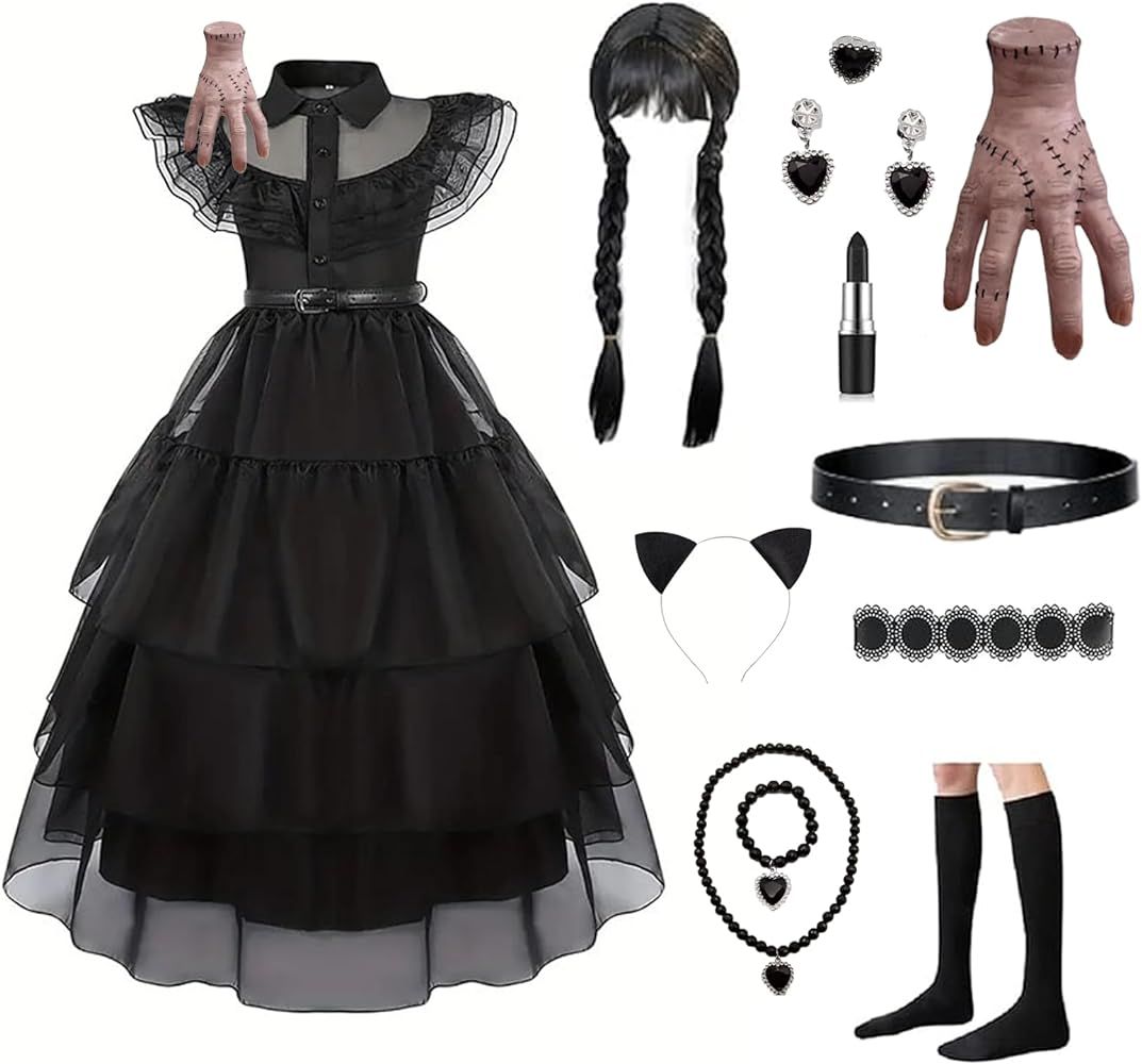 Wednesday Addams Costume Dress for Girls Black Costume for Kid Dress with Belt Halloween Costume ... | Amazon (US)