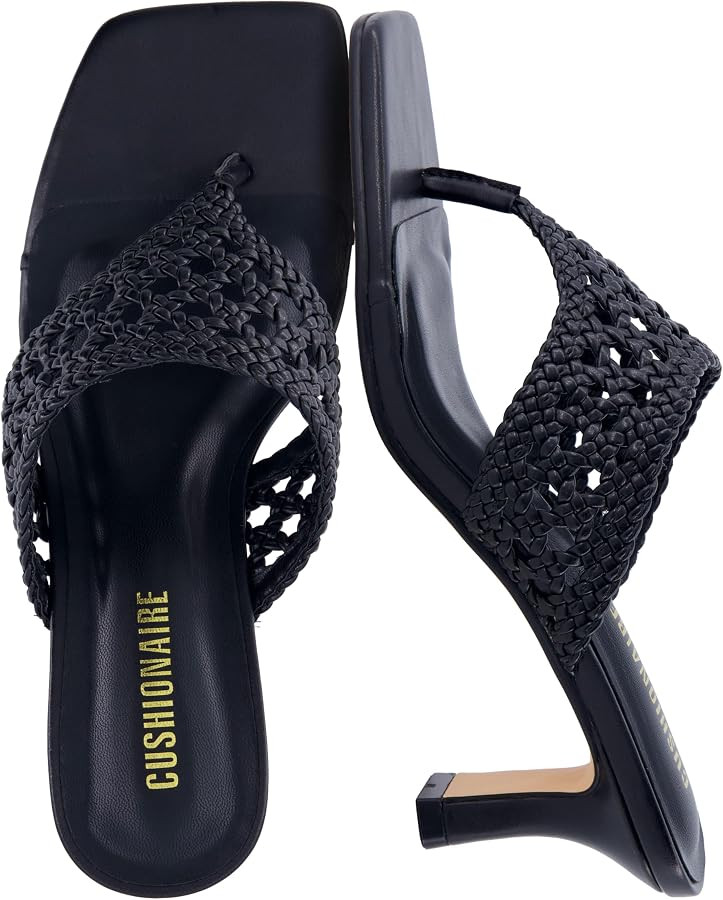 CUSHIONAIRE Spryte Flared Kitten Heels for Women, Square Toe Thong Heeled Sandals with Woven Braided Strap and Slip On Mule Style | Amazon (US)