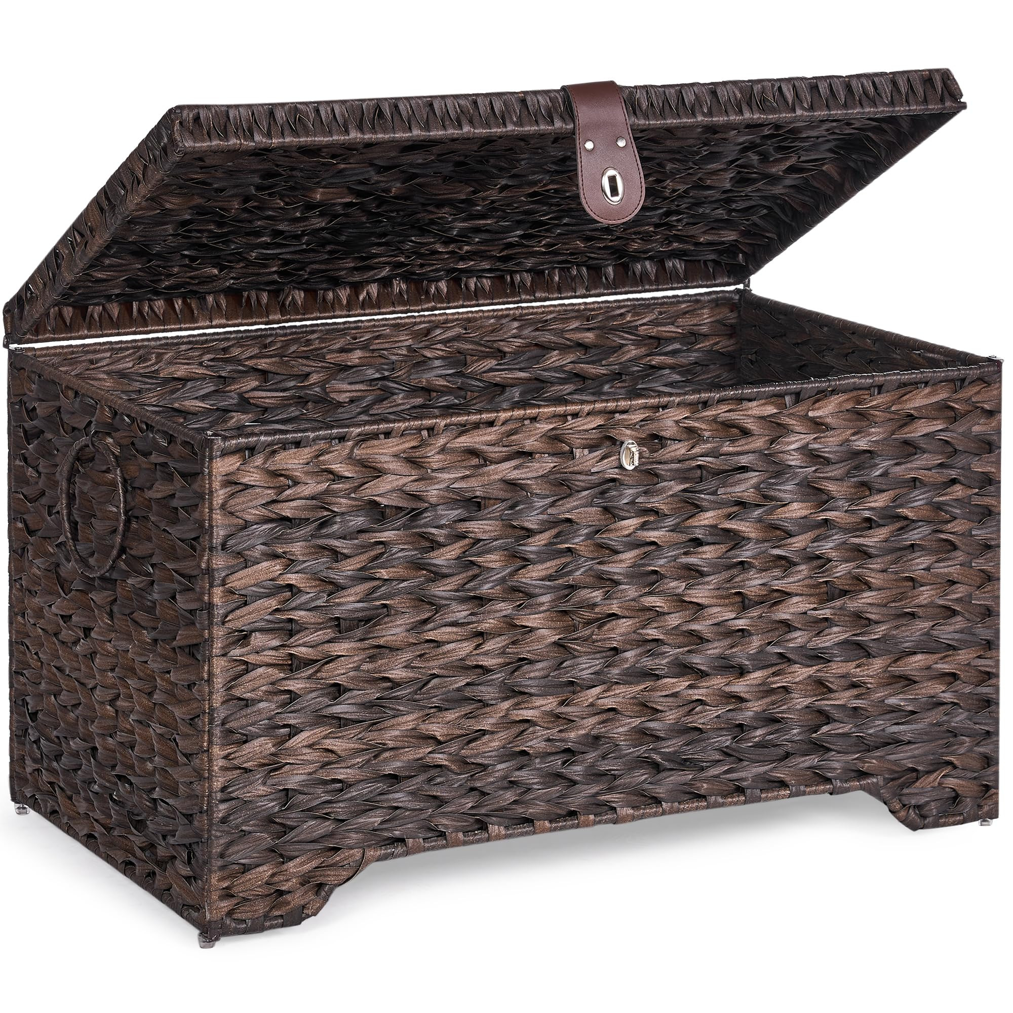 Handwoven Storage Basket with Lid, 165L Plastic Rattan Storage Bin, Leather Buckle & Metal Frame,... | Amazon (US)