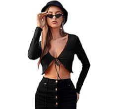 SweatyRocks Women's Tie Up Open Front Long Sleeve Crop Top T Shirt | Amazon (US)
