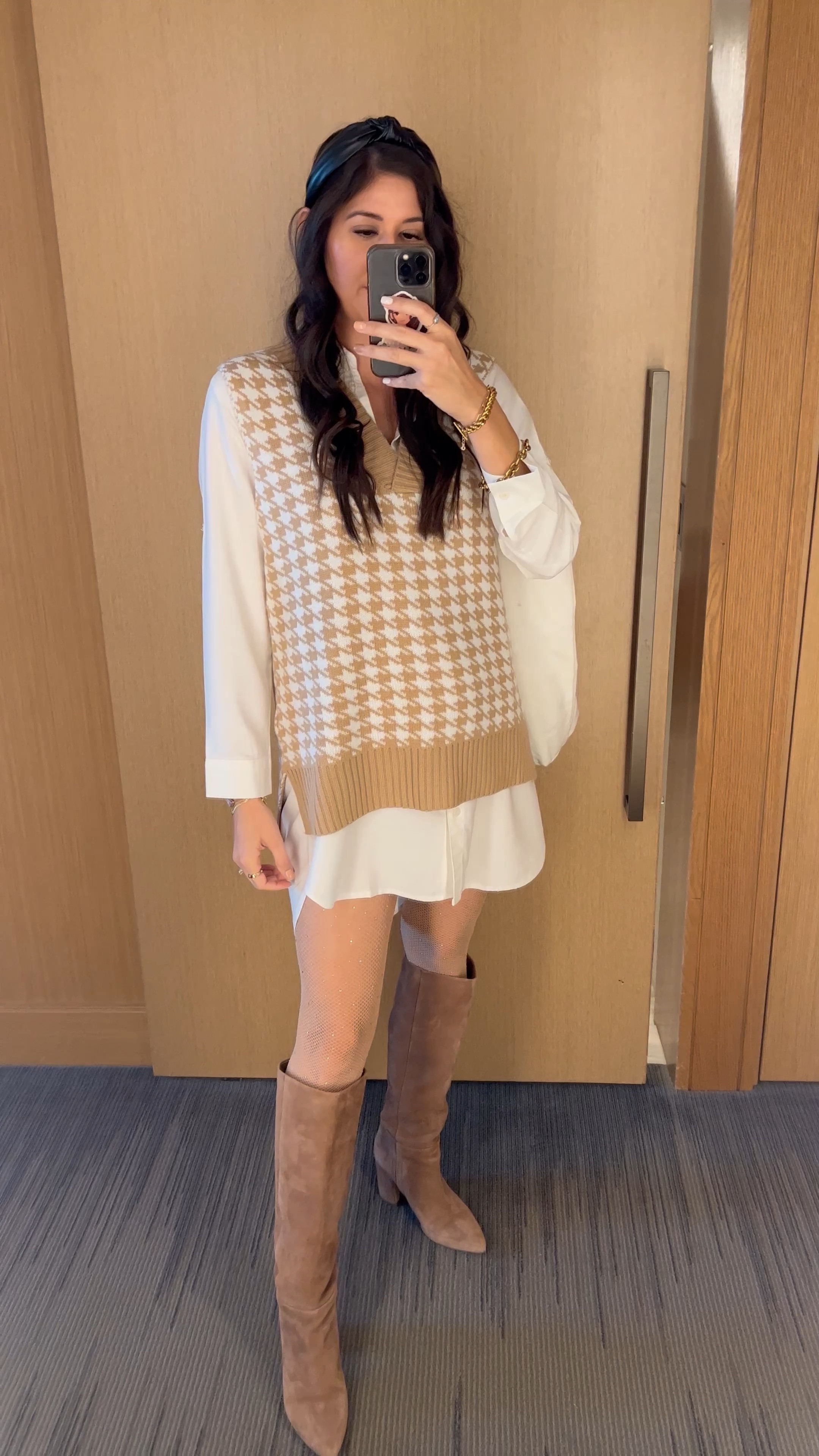 In love with this outfit! I am wearing a small in both pieces. The vest comes in black houndstooth print as well. My rhinestones tights are so fun this season! 

#LTKbump #LTKSeasonal #LTKHoliday