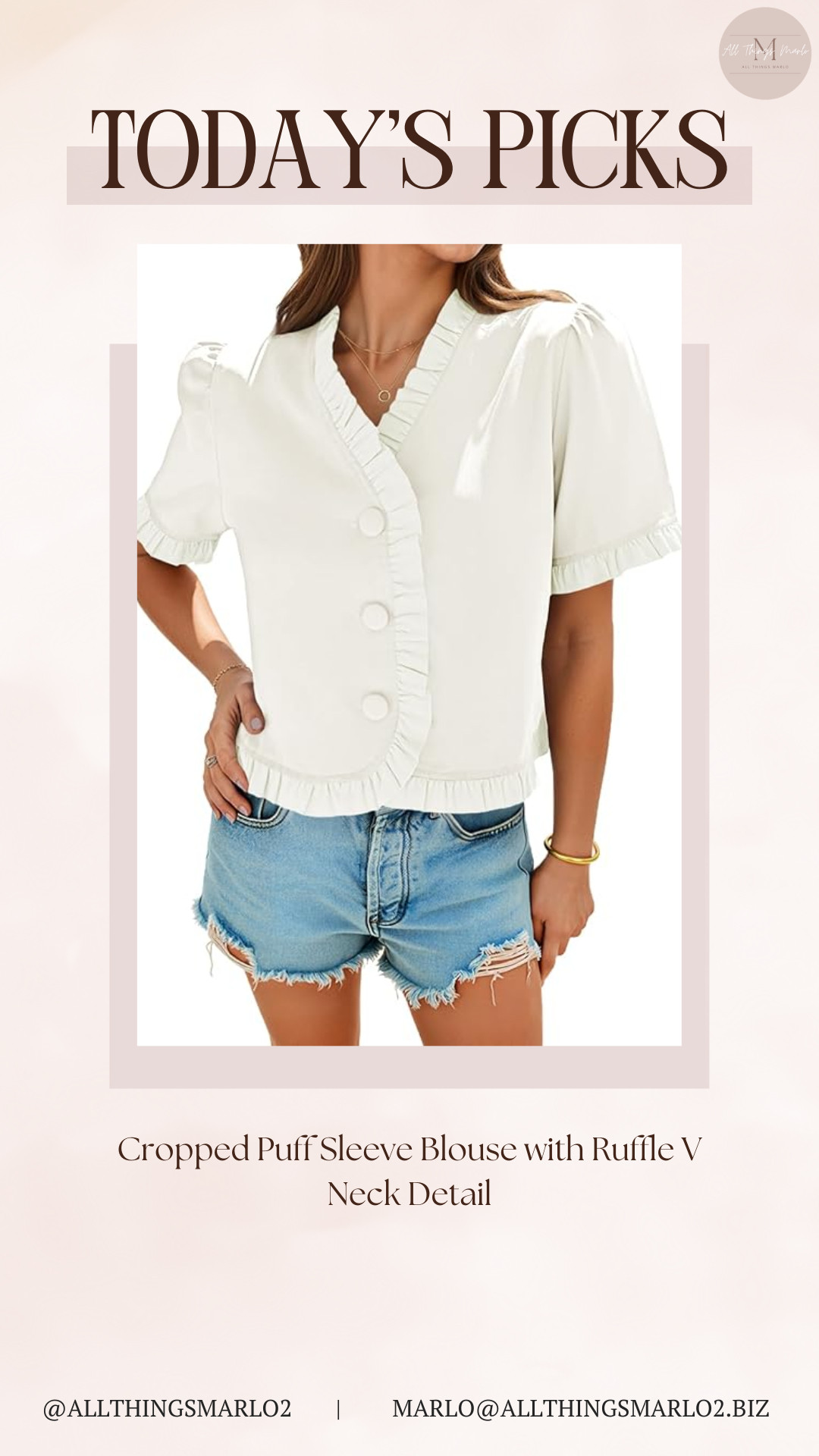 Cropped Puff Sleeve Blouse with Ruffle V Neck Detail 

 #LTKSeasonal #LTKWorkwear #LTKTravel