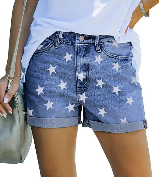 Magritta Denim Shorts for Women Mid Waisted Folded Hem Ripped Jean Shorts | Amazon (US)