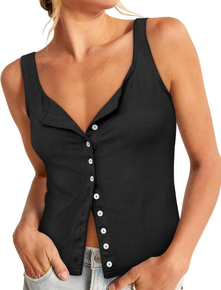 Yousify Womens Fitted Tank Tops Cami Trendy Knit Cropped Knitted Vest Button Down Square Neck Rib... | Amazon (US)