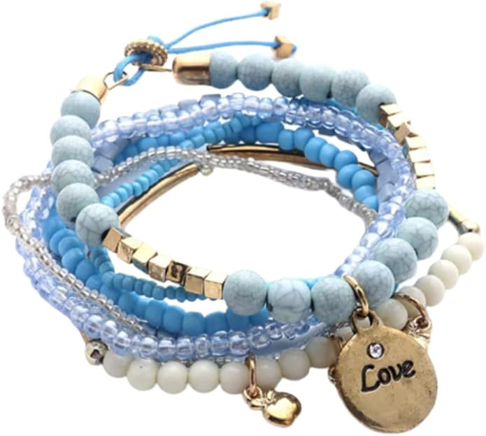 Caiyao Boho Stackable Bead Bracelets Bohemian Multilayer Stretch Bracelets Multicolor Love Pendan... | Amazon (US)