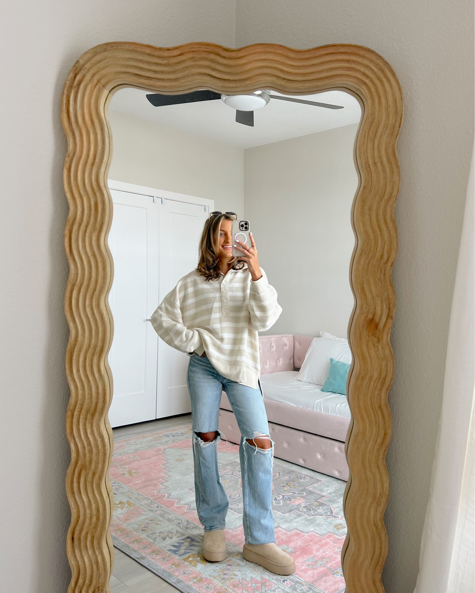 preppy casual winter to spring transition outfit featuring American eagle new arrivals 🐚💙 

wearing size small sweatshirt 000R straight leg jeans 