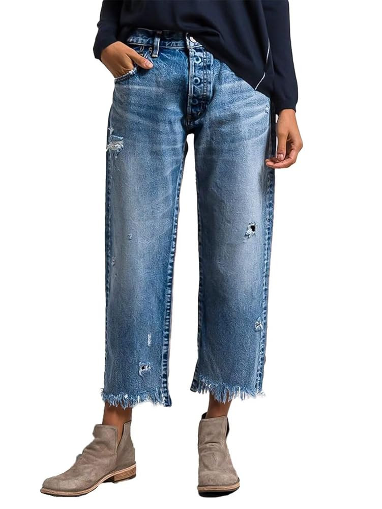 Flamingals Straight Leg Mid Rise Ripped Wash Raw Hem Casual Denim Bootcut Barrel Pants | Amazon (US)