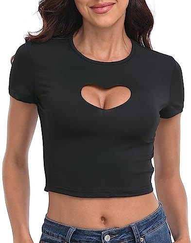 HDE Women's Heart Cut Out Crop Top Short Sleeve T Shirt Y2K Cropped Baby Tee Black - M | Amazon (US)