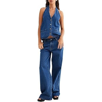 Fisoew Women's Two Piece Denim Set Button Down Backless Tank Top and Wide Leg Jeans 2 Piece Outfi... | Amazon (US)