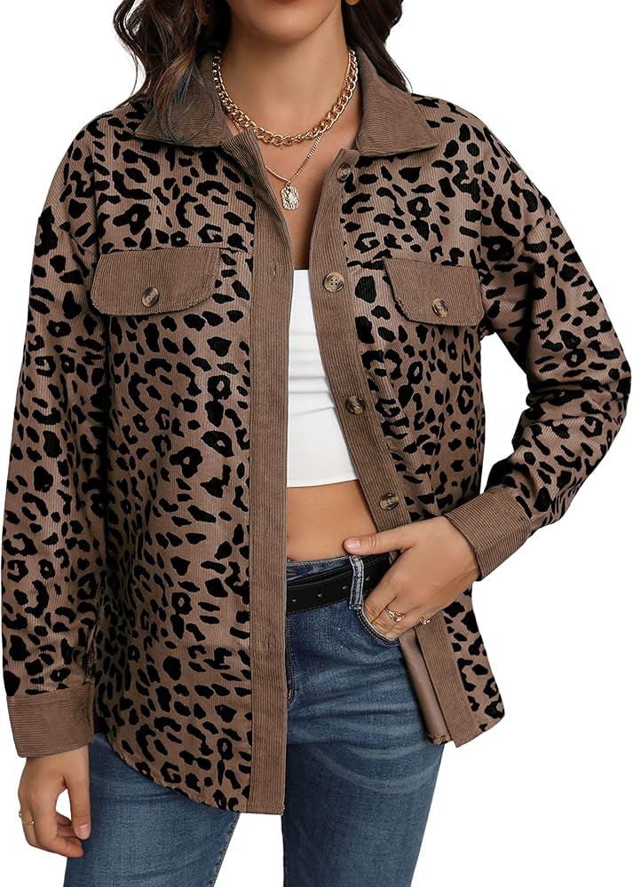 Womens Leopard Corduroy Shacket Lapel Long Sleeve Button Down Shirt Jacket Coat with Pockets | Amazon (US)