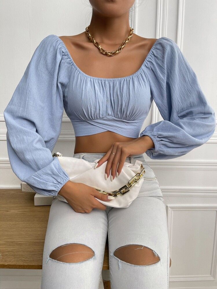 Ruched Knot Back Crop Blouse | SHEIN