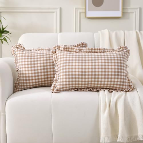 2 Pack Taupe Plaid Ruffle Gingham Lumbar Throw Pillow Shams, 100% Washed Cotton Camel Brown Fall ... | Amazon (US)