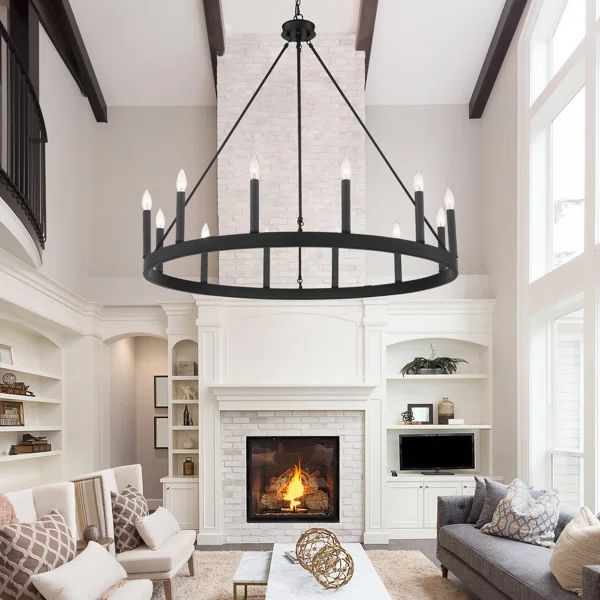 Finchley 12 - Light Living Room Steel Dimmable Candle Style Wagon Wheel Chandelier UL Certified | Wayfair North America