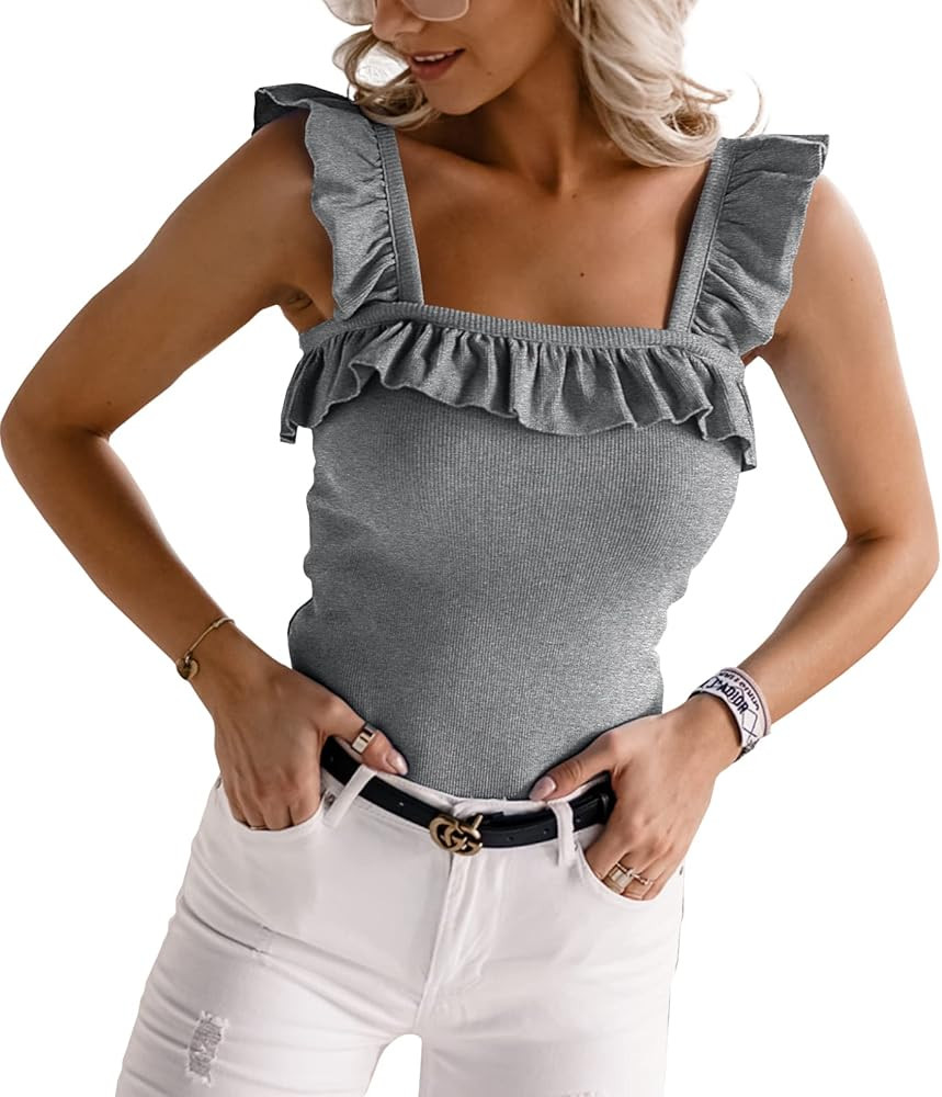 Womens Cute Sleeveless Tank Tops Ruffle Strap Square Neck Blouse Solid Color Knitted Camisole | Amazon (US)