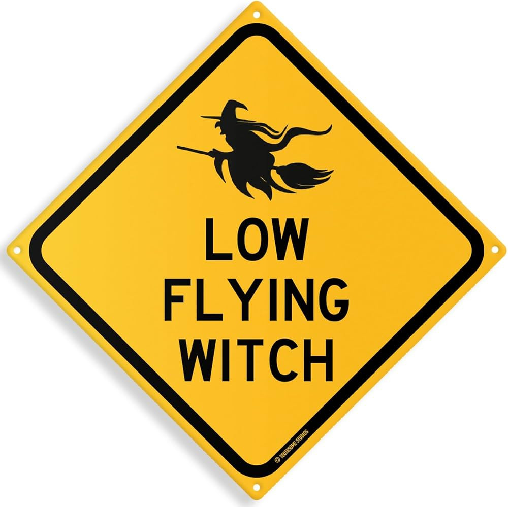 Low Flying Witch 12" x 12" Funny Tin Sign Fall Halloween Salem Haunted House Bruja Home Decor | Amazon (US)